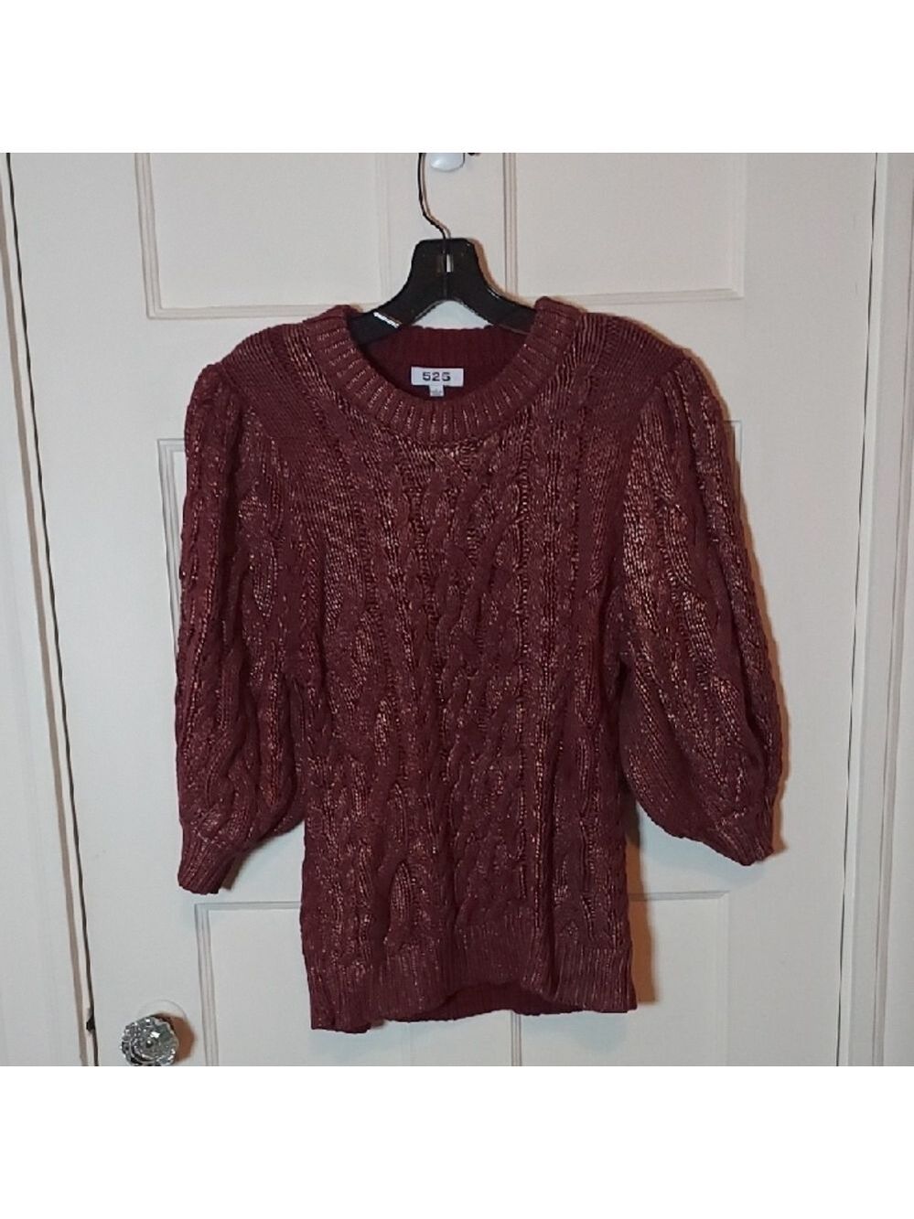 525 America Metallic Cable Knit Sweater Burgundy Gold Large